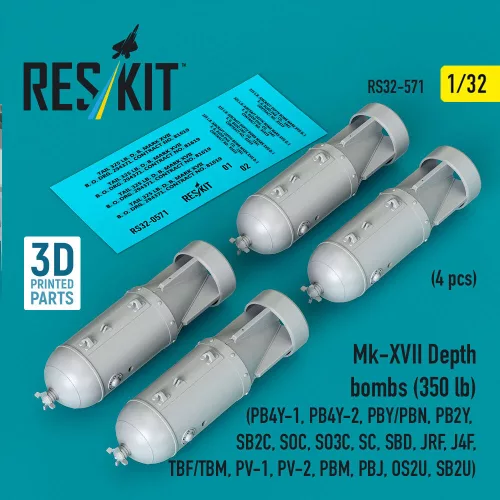 Reskit - Mk-XVII Depth bombs (350 lb) (4 pcs) (PB4Y-1 PB4Y-2 PBY/PBN PB2Y SB2C SOC SO3C SC SBD JRF J4F TBF/TBM PV-1 PV-2 PBM PBJ OS2U SB2U) (3D Printed)