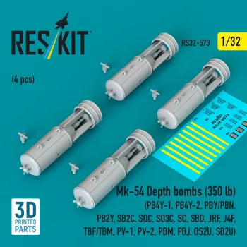   Reskit - Mk-54 Depth bombs (350 lb) (4 pcs) (PB4Y-1, PB4Y-2, PBY/PBN, PB2Y, SB2C, SOC, SO3C, SC, SBD, JRF, J4F, TBF/TBM, PV-1, PV-2, PBM, PBJ, OS2U, SB2U) (3D Printed)