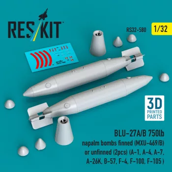   Reskit - BLU-27A/B 750lb napalm bombs finned (MXU-469/B) or unfinned (2 pcs) (A-1 A-4 A-7 A-26K B-57 F-4 F-100 F-105 ) (3D Printed)