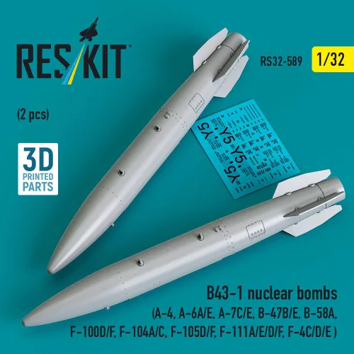 Reskit - B43-1 nuclear bombs (2 pcs) (A-4, A-6A/E, A-7C/E, B-47B/E, B-58A, F-100D/F, F-104A/C, F-105D/F, F-111A/D/E/F, F-4C/D/E ) (3D Printed)