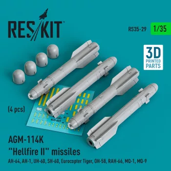   Reskit - AGM-114K Hellfire II missiles (4 pcs) (AH-64 AH-1 UH-60 SH-60 Eurocopter Tiger OH-58 RAH-66 MQ-1 MQ-9) (3D Printed)
