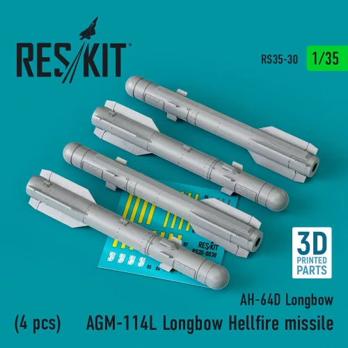 Reskit - AGM-114L Longbow Hellfire missiles (4 pcs)(AH-64D Longbow) (3D Printed)