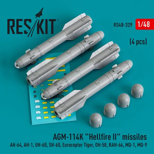 Reskit - AGM-114K Hellfire II missiles (4 pcs) (AH-64 AH-1 UH-60 SH-60 Eurocopter Tiger OH-58 RAH-66 MQ-1 MQ-9) (3D Printed)