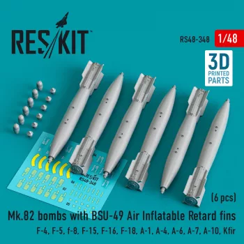   Reskit - Mk.82 bombs with BSU-49 air inflatable retard fins (6 pcs) (F-4, F-5, F-8, F-15, F-16, F-18, A-1, A-4, A-6, A-7, A-10, Kfir) (3D Printed)