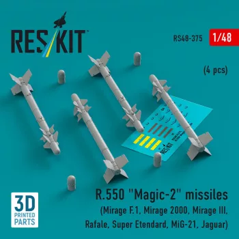   Reskit - R.550 Magic-2 missiles (4 pcs) (Mirage F.1 Mirage 2000 Mirage III Rafale Super Etendard MiG-21 Jaguar) (3D Printed)