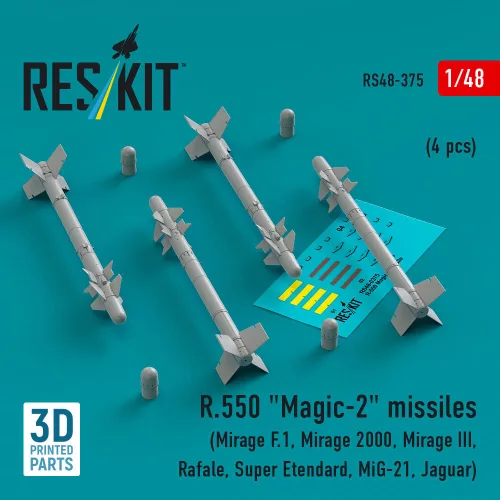 Reskit - R.550 Magic-2 missiles (4 pcs) (Mirage F.1 Mirage 2000 Mirage III Rafale Super Etendard MiG-21 Jaguar) (3D Printed)