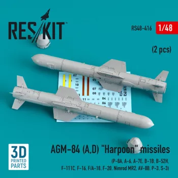   Reskit - AGM-84 (A,D) Harpoon missiles (2 pcs) (P-8A A-6 A-7E B-1B B-52H F-111C F-16 F/A-18 F-20 Nimrod MR2 AV-8B P-3 S-3) (3D Printed)