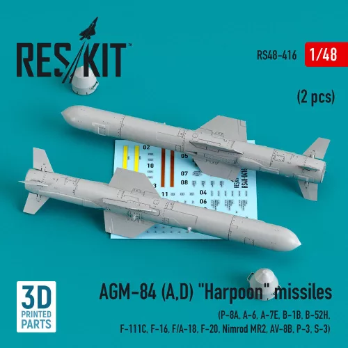 Reskit - AGM-84 (A,D) Harpoon missiles (2 pcs) (P-8A A-6 A-7E B-1B B-52H F-111C F-16 F/A-18 F-20 Nimrod MR2 AV-8B P-3 S-3) (3D Printed)