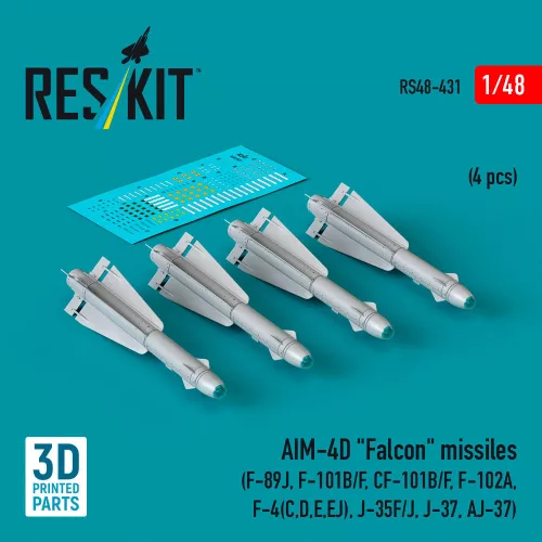 Reskit - AIM-4D Falcon missiles (4 pcs) (F-89J, F-101B/F, CF-101B/F, F-102A, F-4(C,D,E,EJ), J-35F/J, J-37, AJ-37) (3D Printed)