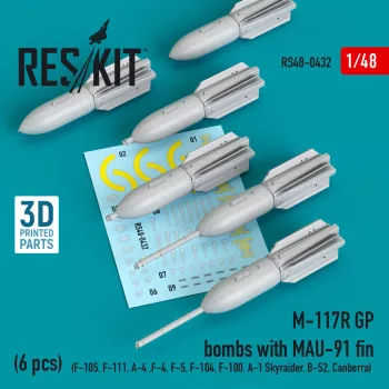   Reskit - M-117R GP bombs with MAU-91 fin (6 pcs) (F-105,F-111, A-4 ,F-4, F-5, F-104, F-100, A-1 Skyraider, B-52, Canberra) (3D Printed)