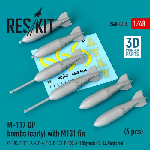 Reskit - M-117 GP bombs (early) with M131 fin (6 pcs) (F-105 F-111 A-4 ,F-4 F-5 F-104 F-100 A-1 Skyraider B-52 Canberra) (3D Printed)