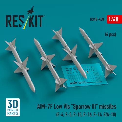 Reskit - AIM-7F Low Vis Sparrow III missiles (4 pcs) (F-4, F-5, F-15, F-16, F-14, F/A-18) (3D Printed)