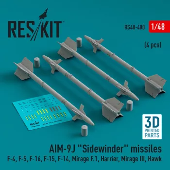   Reskit - AIM-9J Sidewinder missiles (4 pcs) (F-4, F-5, F-16, F-15, F-14, Mirage F.1, Harrier, Mirage III, Hawk) (3D Printed)