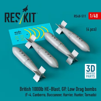   Reskit - British 1000lb HE-Blast GP Low Drag bombs (4 pcs) (F-4 Canberra Buccaneer Harrier Hunter Tornado) (3D printed)