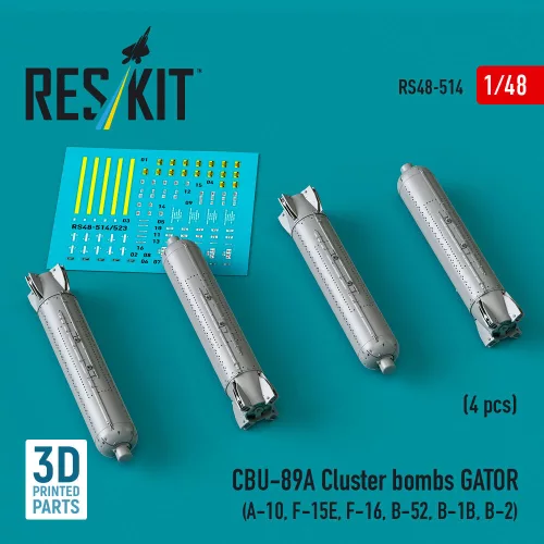 Reskit - CBU-89A cluster bombs GATOR (4 pcs) (A-10 F-15E F-16 B-52 B-1B B-2) (3D Printed)