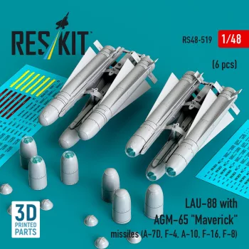   Reskit - LAU-88 with (2 pcs) AGM-65 Maverick missiles (6 pcs) (A-7D, F-4, A-10, F-16) (3D Printed)