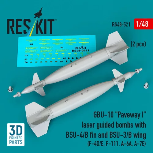 Reskit - GBU-10 Paveway I laser guided bombs with BSU-4/B fin and BSU-3/B wing (2 pcs) (F-4D/E, F-111, A-6A, A-7E) (3D Printed)