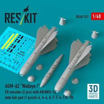  Reskit - AGM-62 Walleye I ER missiles (2 pcs) with AN/AWG-16 data link pod (1 pcs) (A-4, A-6, A-7, F-4, F/A-18) (3D Printed)