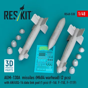   Reskit - AGM-130A missiles (2 pcs) (Mk84 warhead) with AN/AXQ-14 data link pod (1 pcs) (F-16I F-15E F-111F) (3D Printed)