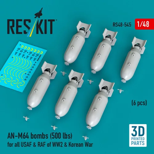 Reskit - AN-M64 bombs (6 pcs) (500 lbs) for all USAF & RAF of WW2 & Korean War (3D Printed)