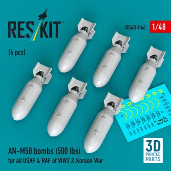   Reskit - AN-M58 bombs (6 pcs) (500 lbs) for all USAF & RAF of WW2 & Korean War (3D Printed)