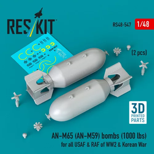 Reskit - AN-M65 (AN-M59) bombs (2 pcs) (1000 lbs) for all USAF & RAF of WW2 & Korean War (3D Printed)