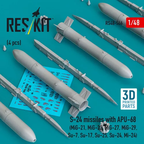 Reskit - S-24 missiles with APU-68 (4 pcs) (MiG-21 MiG-23 MiG-27 MiG-29 Su-7 Su-17 Su-25 Su-24 Mi-24) (3D Printed)