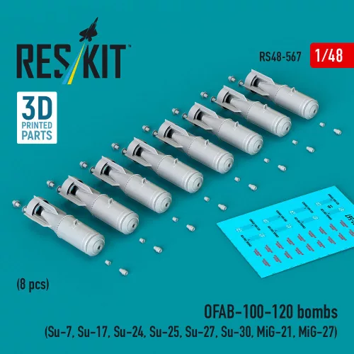 Reskit - OFAB-100-120 bombs (8 pcs) (Su-7 Su-17 Su-24 Su-25 Su-27 Su-30 MiG-21 MiG-27) (3D Printed)