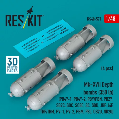 Reskit - Mk-XVII Depth bombs (350 lb) (4 pcs) (PB4Y-1, PB4Y-2, PBY/PBN, PB2Y, SB2C, SOC, SO3C, SC, SBD, JRF, J4F, TBF/TBM, PV-1, PV-2, PBM, PBJ, OS2U, SB2U ) (3D Printed)