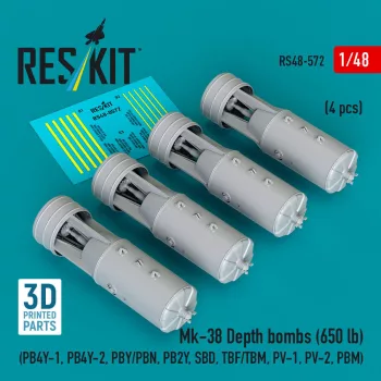   Reskit - Mk-38 Depth bombs (650 lb) (4 pcs) (PB4Y-1, PB4Y-2, PBY/PBN, PB2Y, SBD, TBF/TBM, PV-1, PV-2, PBM) (3D Printed)