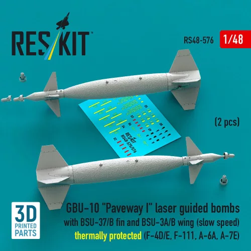 Reskit - GBU-10 Paveway I laser guided bombs with BSU-37/B fin and BSU-3A/B wing (slow speed) thermally protected (2 pcs) (F-4D/E, F-111, A-6A, A-7E) (3D Printed)