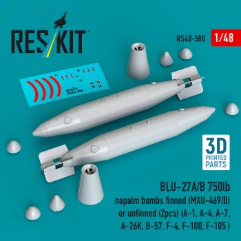   Reskit - BLU-27A/B 750lb napalm bombs finned (MXU-469/B) or unfinned (2pcs) (A-1, A-4, A-7, A-26K, B-57, F-4, F-100, F-105 ) (3D Printed)