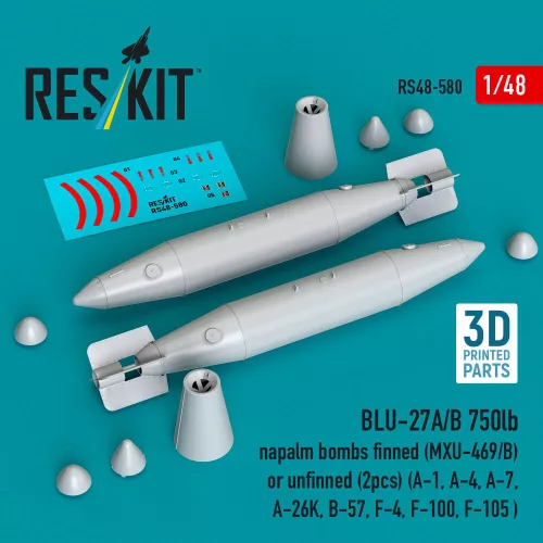 Reskit - BLU-27A/B 750lb napalm bombs finned (MXU-469/B) or unfinned (2pcs) (A-1, A-4, A-7, A-26K, B-57, F-4, F-100, F-105 ) (3D Printed)