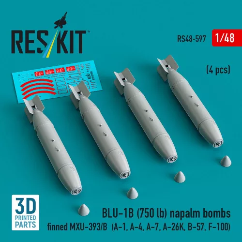 Reskit - BLU-1B (750 lb) napalm bombs finned MXU-393/B (4 pcs) (A-1, A-4, A-7, A-26K, B-57, F-100) (3D Printed)