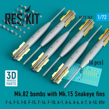   Reskit - Mk.82 bombs with Mk.15 Snakeye fins (6 pcs) (F-4 F-5 F-8 F-15 F-16 F-18 A-1 A-4 A-6 A-7 A-10 Kfir) (3D Printed)