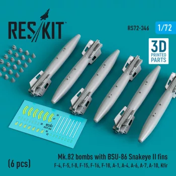   Reskit - Mk.82 bombs with BSU-86 Snakeye II fins (6 pcs) (F-4, F-5, F-8, F-15, F-16, F-18, A-1, A-4, A-6, A-7, A-10, Kfir) (3D Printed)