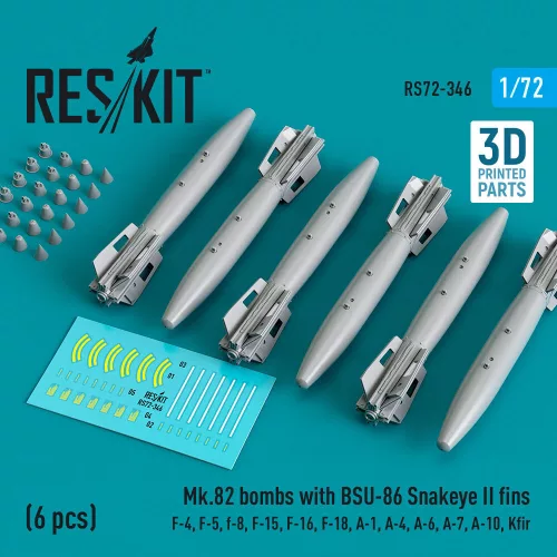 Reskit - Mk.82 bombs with BSU-86 Snakeye II fins (6 pcs) (F-4, F-5, F-8, F-15, F-16, F-18, A-1, A-4, A-6, A-7, A-10, Kfir) (3D Printed)