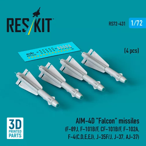 Reskit - AIM-4D Falcon missiles (4 pcs) (F-89J, F-101B/F, CF-101B/F, F-102A, F-4(C,D,E,EJ), J-35F/J, J-37, AJ-37) (3D Printed)