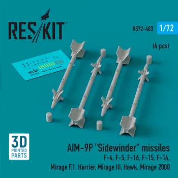   Reskit - AIM-9P Sidewinder missiles (4 pcs) (F-4 F-5 F-16 F-15 F-14 Mirage F.1 Harrier Mirage III Hawk Mirage 2000) (3D Printed)
