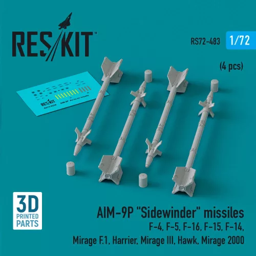 Reskit - AIM-9P Sidewinder missiles (4 pcs) (F-4 F-5 F-16 F-15 F-14 Mirage F.1 Harrier Mirage III Hawk Mirage 2000) (3D Printed)