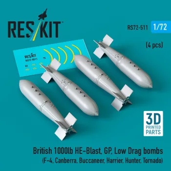   Reskit - British 1000lb HE-Blast, GP, Low Drag bombs (4 pcs) (F-4, Canberra, Buccaneer, Harrier, Hunter, Tornado) (3D printed)