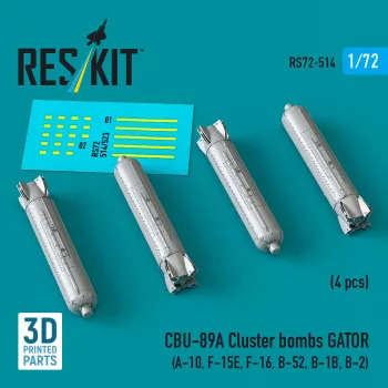   Reskit - CBU-89A cluster bombs GATOR (4 pcs) (A-10, F-15E, F-16, B-52, B-1B, B-2) (3D Printed)