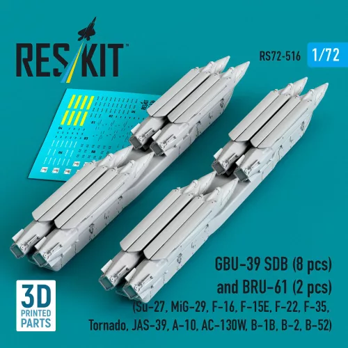 Reskit - GBU-39 SDB (8 pcs) and BRU-61 (2 pcs) (Su-27 MiG-29 F-16 F-15E F-22 F-35 Tornado JAS-39 A-10 AC-130W B-1B B-2 B-52) (3D Printed)