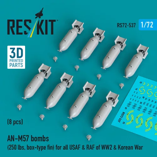 Reskit - AN-M57 bombs (250 lbs box-type fin) for all USAF & RAF of WW2 & Korean War (8 pcs) (3D Printed)