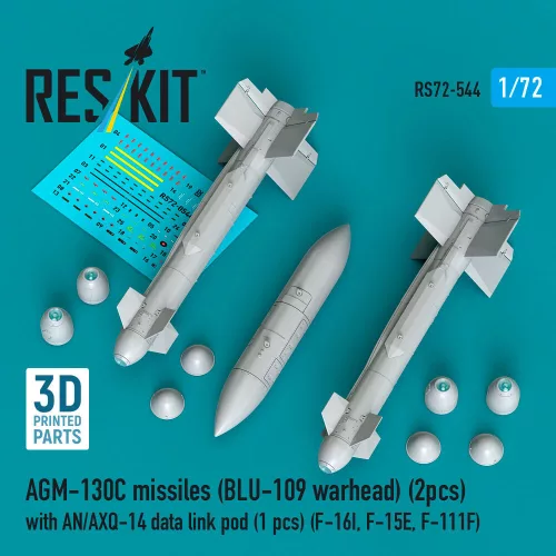 Reskit - AGM-130C missiles (BLU-109 warhead) (2 pcs) with AN/AXQ-14 data link pod (1 pcs) (F-16I F-15E F-111F) (3D Printed)