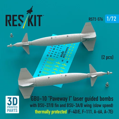 Reskit - GBU-10 Paveway I laser guided bombs with BSU-37/B fin and BSU-3A/B wing (slow speed) thermally protected (2 pcs) (F-4D/E F-111 A-6A A-7E) (3D Printed)