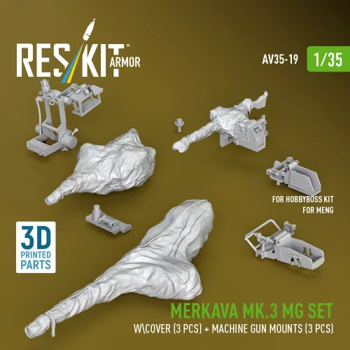 Reskit - Merkava Mk.3 MG set wcover (3 pcs) + machine gun mounts (3 pcs) for Meng/HobbyBoss kit (3D Printed)