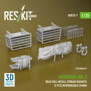   Reskit - Merkava Mk.3 rear hull metall storage baskets (2 pcs) w/workable chains for Meng kit (3D Printed)