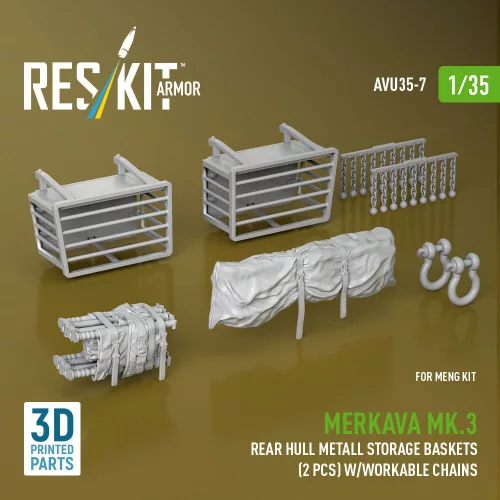 Reskit - Merkava Mk.3 rear hull metall storage baskets (2 pcs) w/workable chains for Meng kit (3D Printed)