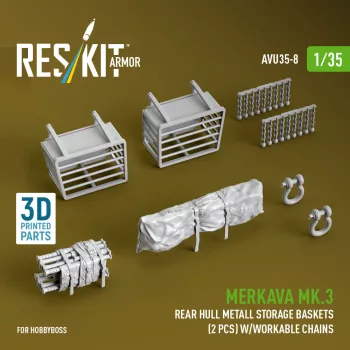   Reskit - Merkava Mk.3 rear hull metall storage baskets (2 pcs) w/workable chains for HobbyBoss kit (3D Printed)